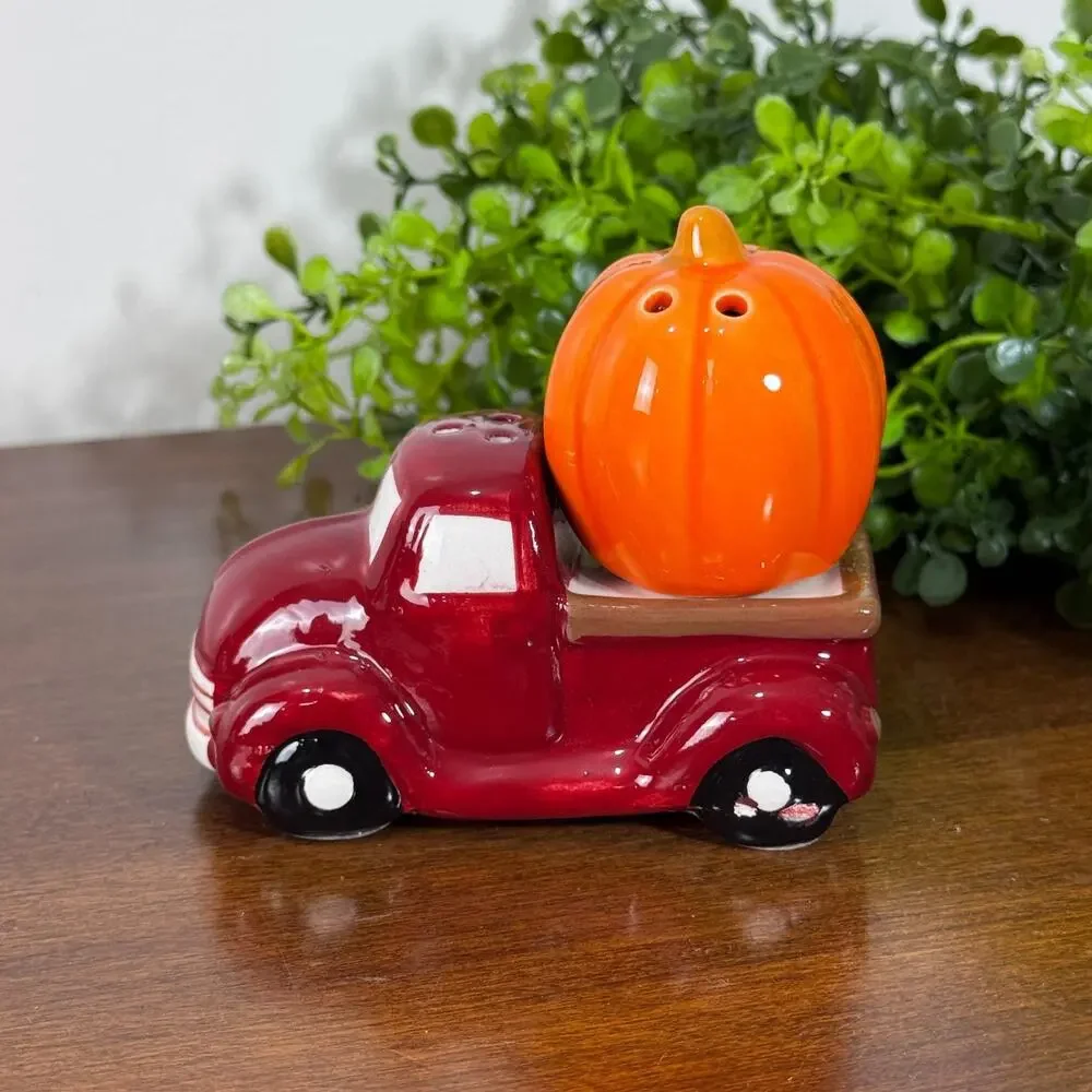 Red Farm Truck Pumpkin Ceramic Salt & Pepper Shakers Fall Farmhouse